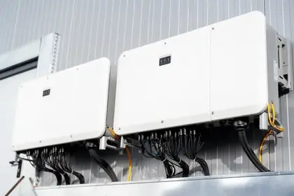 White hybrid inverter units mounted on a wall with cabling