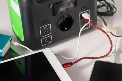 Portable power station with charging ports and connected cables on a table